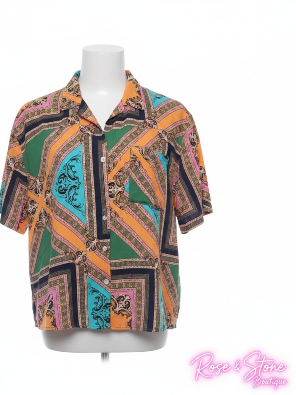 Boohoo MAN Multicolour Baroque Camp Collar Short Sleeve Shirt Size S